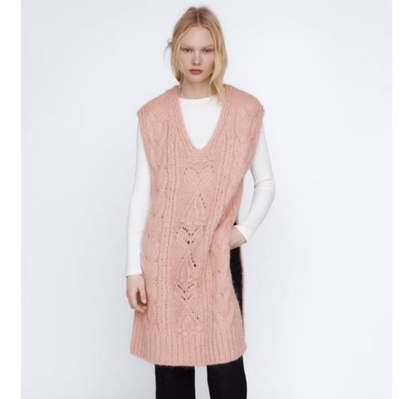 ZARA NWT 💕LONG CABLE KNIT VEST PINK - Picture 1 of 16